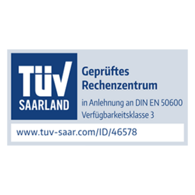 TÜV Saarland-Zertifizierungssiegel für ein Rechenzentrum, das die Einhaltung der Verfügbarkeitsklasse 3 gemäß DIN EN 50600 bestätigt, mit einem Link zu www.tuv-saar.com/ID/46578.