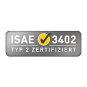 ISAE 3402 Typ 2-Zertifizierungsabzeichen mit einem gelben Häkchen.